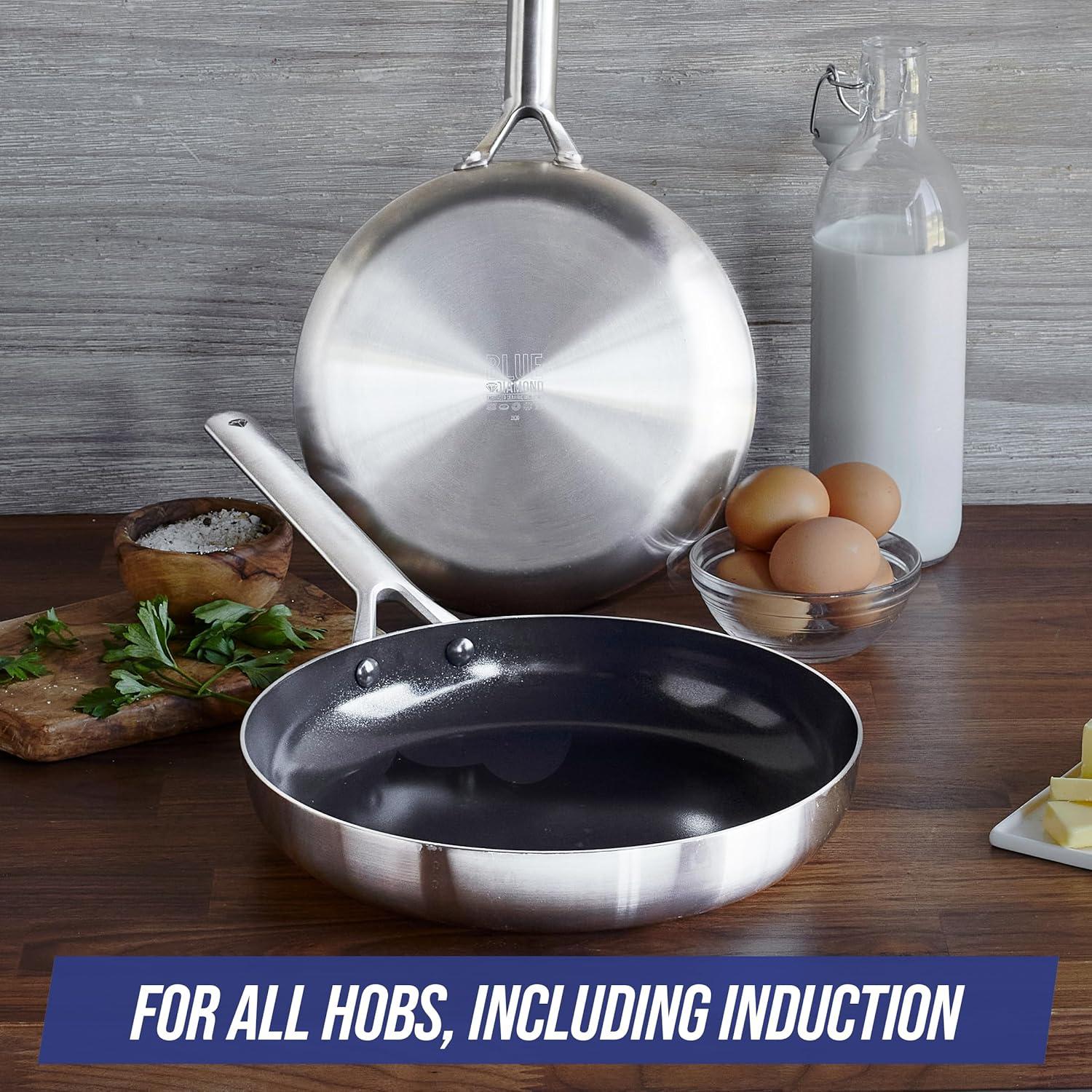 imageBlue Diamond Cookware TriPly Stainless Steel Ceramic Nonstick 95 Frying Pan Skillet PFASFree Multi Clad Induction Dishwasher Safe Oven Safe Silver95 and 11 Frying Pan Skillet Set