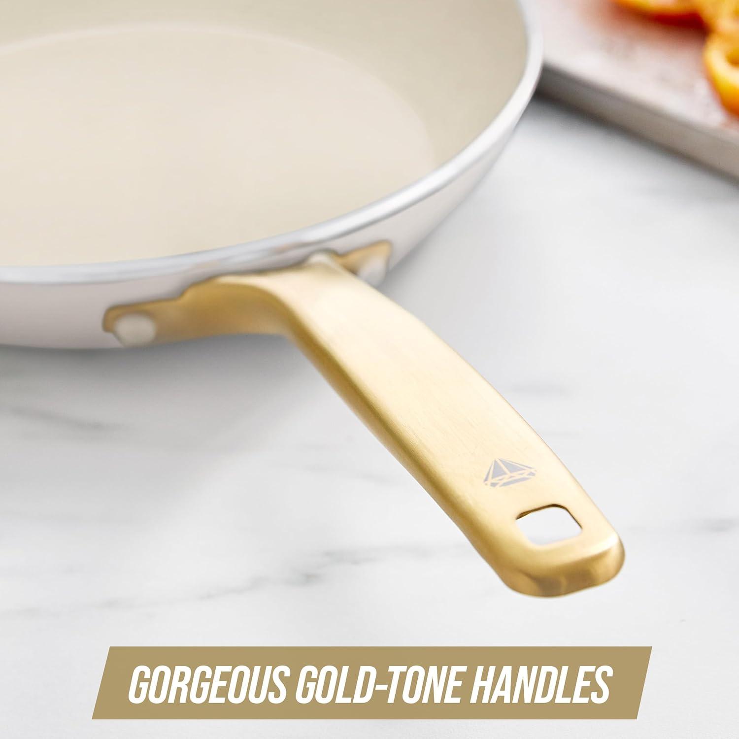 imageBlue Diamond 10 Nonstick Frying Pan Skillet Diamond Infused PFAS amp PTFEFree Ceramic Pot Dishwasher amp Oven Safe Gold Handle Induction Non Toxic Metal Utensil Safe Egg amp Omelet Pan BlackWhite