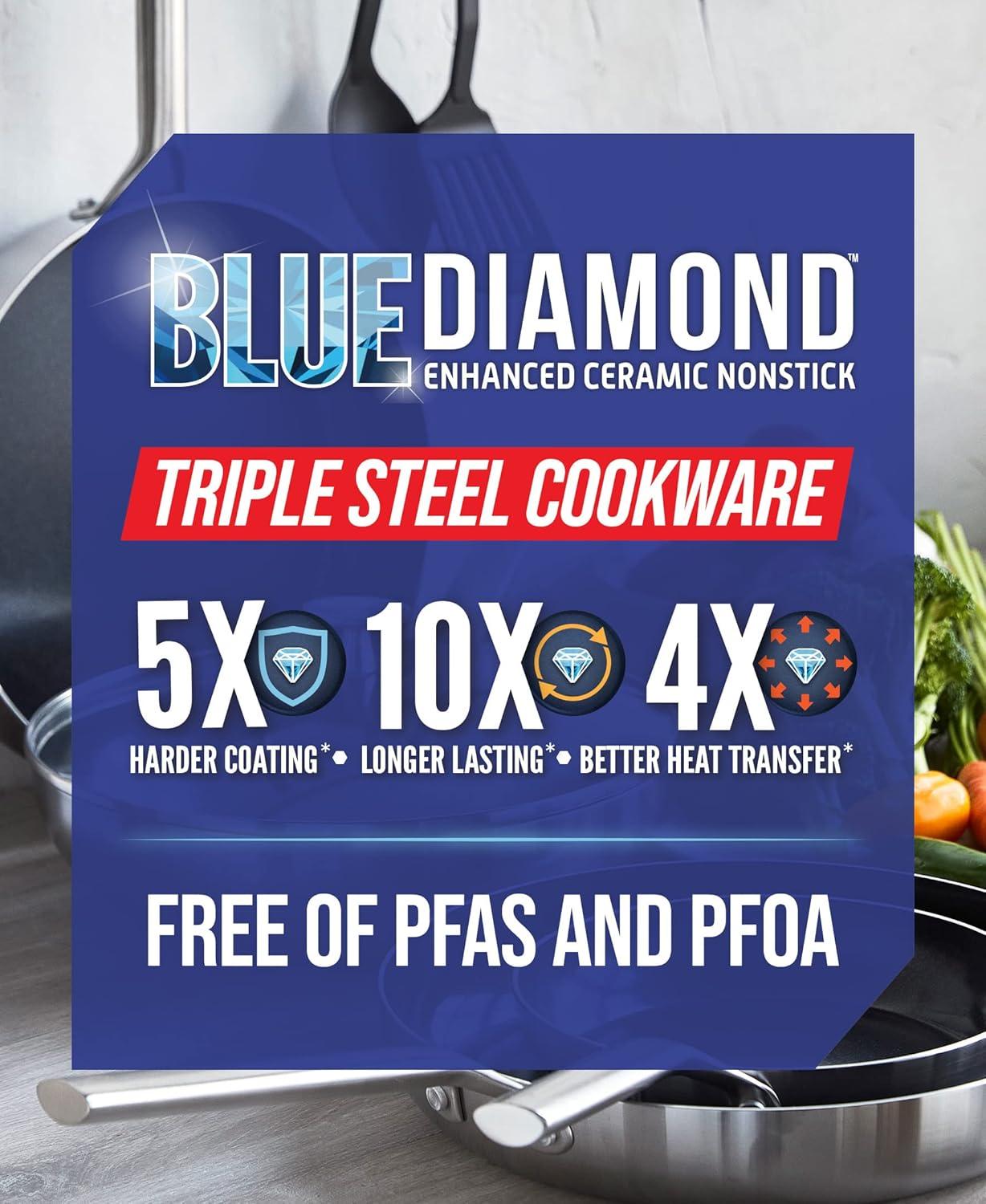 imageBlue Diamond 10 Skillet 5QT Jumbo Cooker 2QT Saucepan Diamond Infused Healthy Ceramic Nonstick PFAS amp PFOAFree ProfessionalGrade Durable HeatResistant Easy Clean Dishwasher Safe BlueSilver