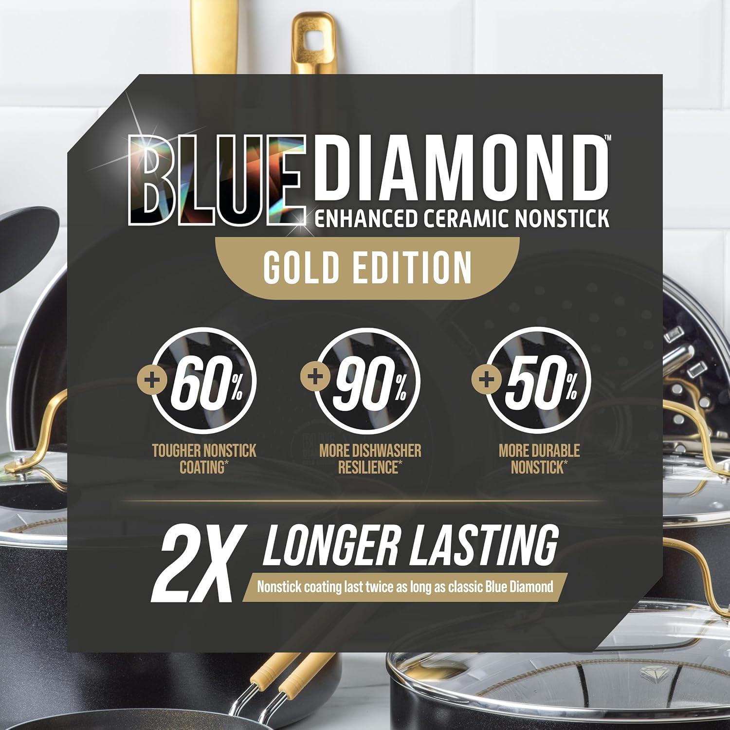 imageBlue Diamond 14 Piece Induction Nonstick Cookware Set Diamond Infused PFASFree Ceramic Nonstick Pots amp Pans Durable Metal Utensil Safe Dishwasher Safe Oven amp Broiler to 600F BlackGold14 Piece Cookware Set