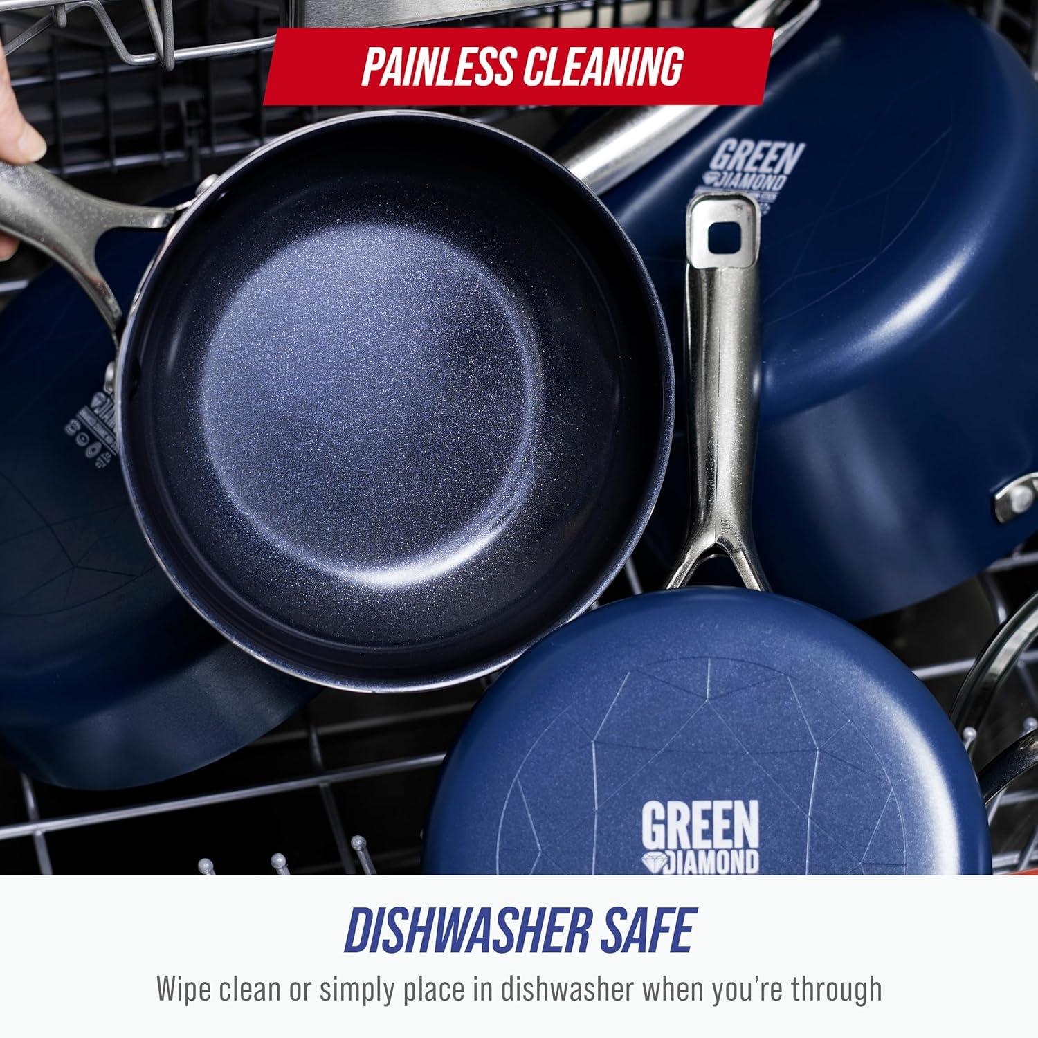 imageBlue Diamond 14 Piece Nonstick Cookware Set Diamond Ceramic Pots amp Pans Dishwasher amp Metal Utensil Safe Non Toxic PFASFree Kitchen Cooking Sauce amp Saute Pans Oven amp Broiler to 600F BlueBlue