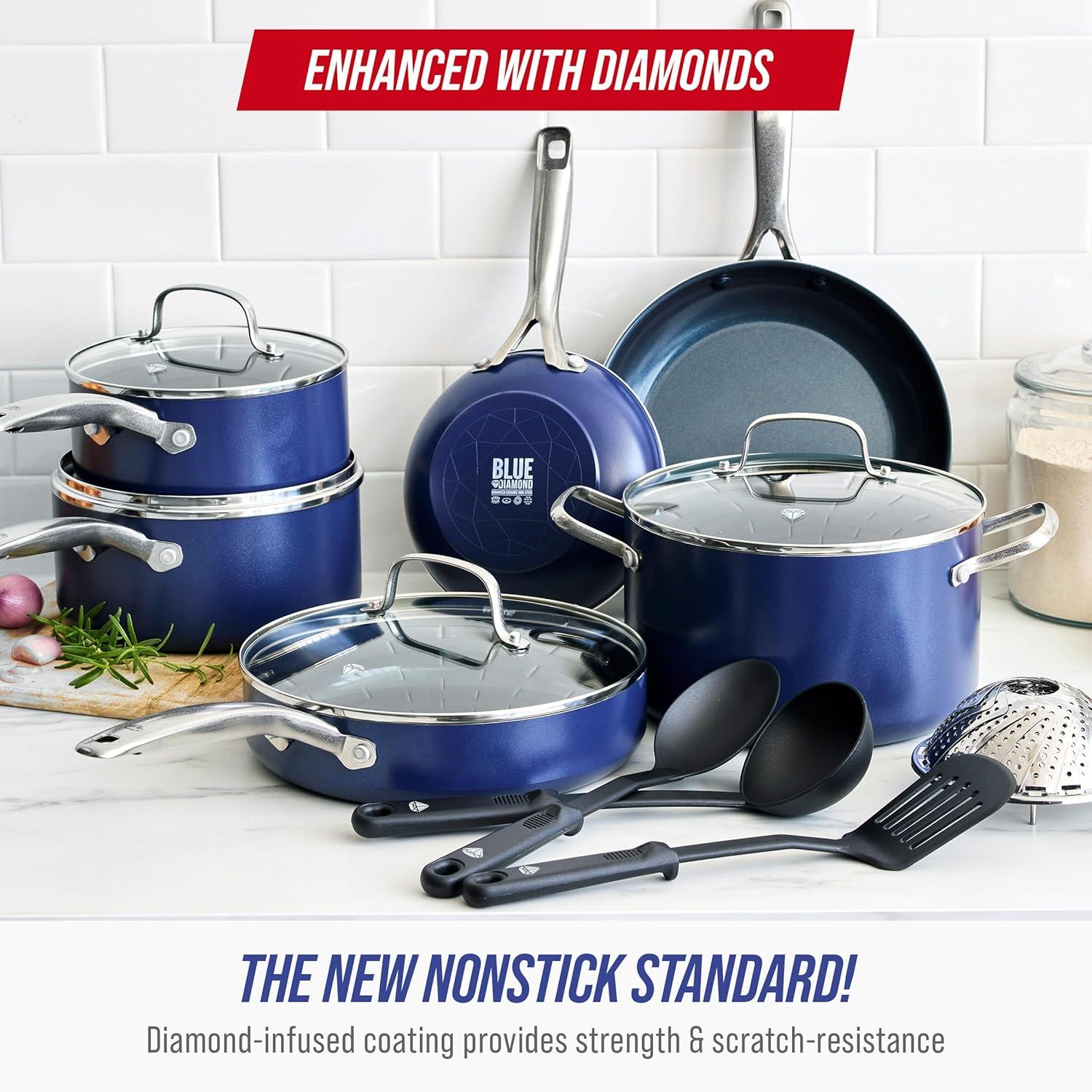 imageBlue Diamond 14 Piece Nonstick Cookware Set Diamond Ceramic Pots amp Pans Dishwasher amp Metal Utensil Safe Non Toxic PFASFree Kitchen Cooking Sauce amp Saute Pans Oven amp Broiler to 600F BlueBlue