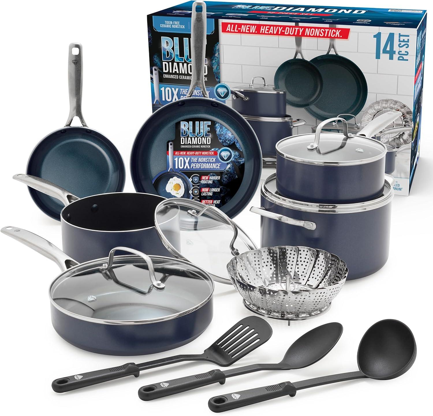 imageBlue Diamond 14 Piece Nonstick Cookware Set Diamond Ceramic Pots amp Pans Dishwasher amp Metal Utensil Safe Non Toxic PFASFree Kitchen Cooking Sauce amp Saute Pans Oven amp Broiler to 600F BlueBlue