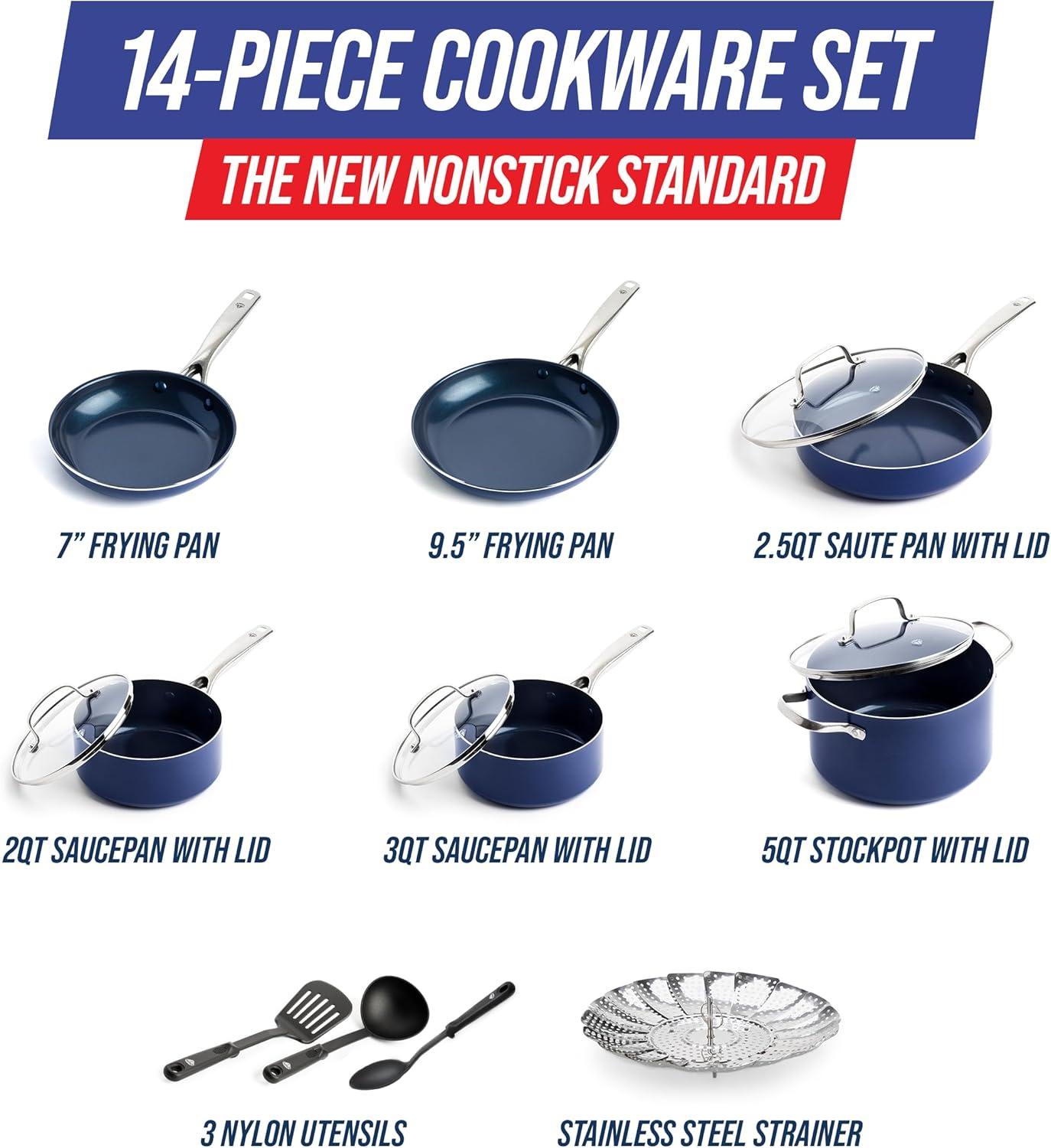 imageBlue Diamond 14 Piece Nonstick Cookware Set Diamond Ceramic Pots amp Pans Dishwasher amp Metal Utensil Safe Non Toxic PFASFree Kitchen Cooking Sauce amp Saute Pans Oven amp Broiler to 600F BlueBlue