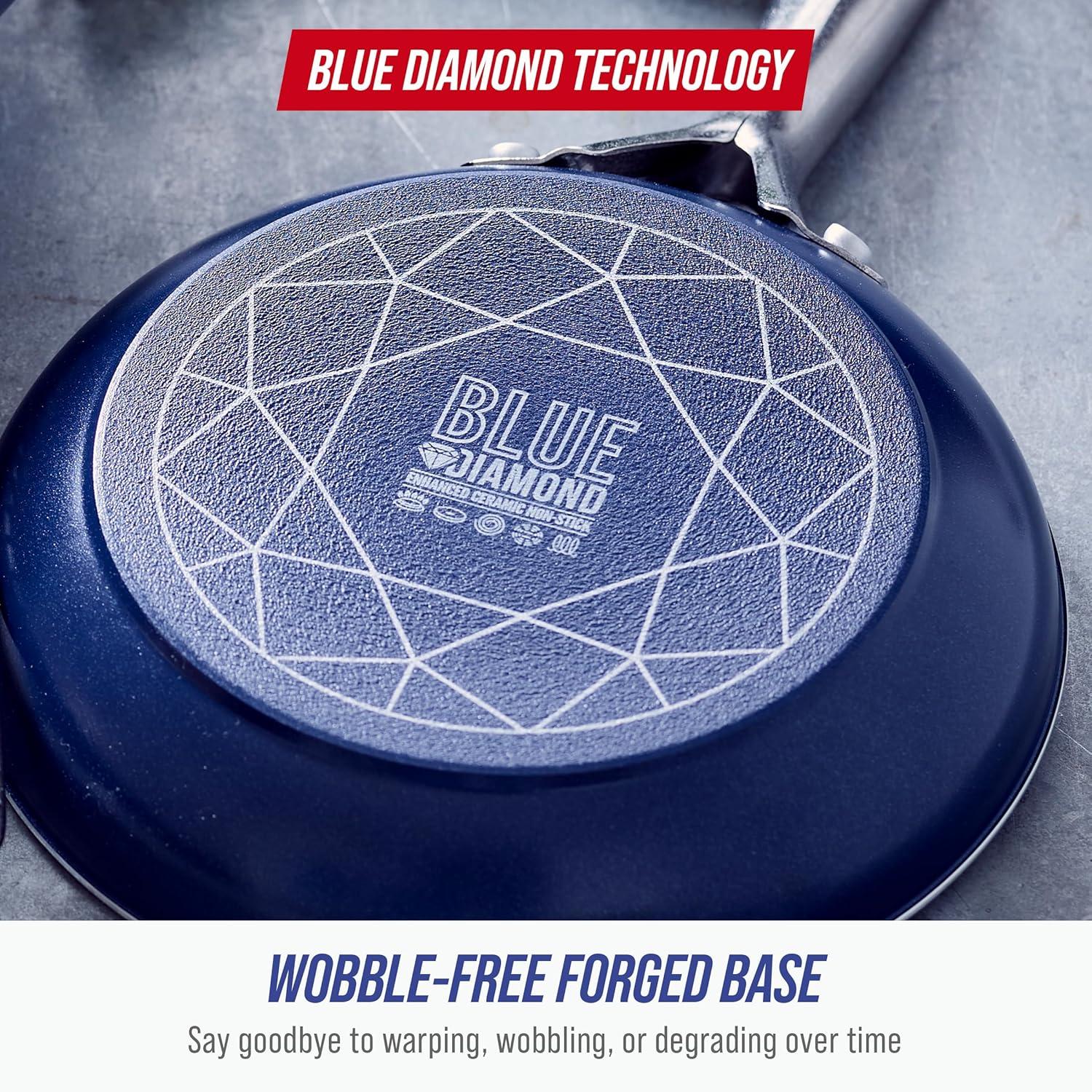 imageBlue Diamond 14 Piece Nonstick Cookware Set Diamond Ceramic Pots amp Pans Dishwasher amp Metal Utensil Safe Non Toxic PFASFree Kitchen Cooking Sauce amp Saute Pans Oven amp Broiler to 600F BlueBlue