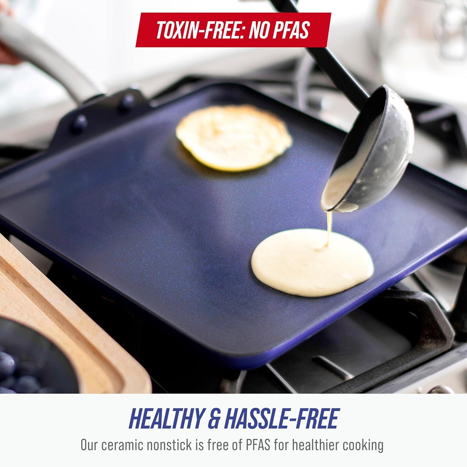 imageBlue Diamond 5QT Saute Pan with Lid Non Toxic PFASFree Diamond Ceramic Nonstick Dishwasher amp Oven Safe Metal Utensil Safe Deep Jumbo Cooker Skillet with Helper Handle Glass Lid BlueBlue
