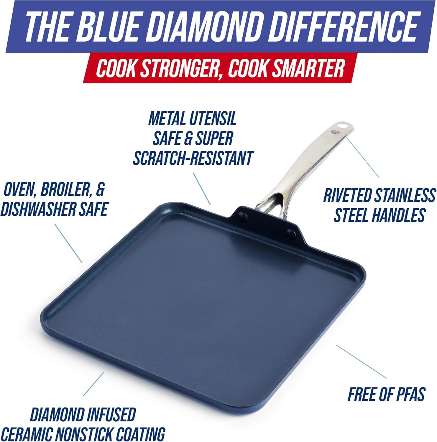 imageBlue Diamond 5QT Saute Pan with Lid Non Toxic PFASFree Diamond Ceramic Nonstick Dishwasher amp Oven Safe Metal Utensil Safe Deep Jumbo Cooker Skillet with Helper Handle Glass Lid BlueBlue