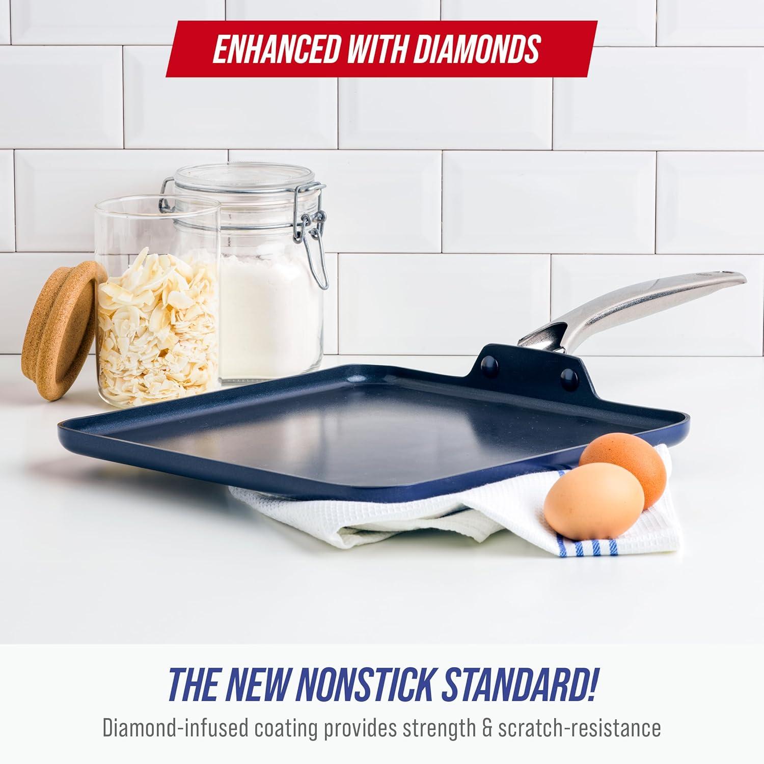 imageBlue Diamond 5QT Saute Pan with Lid Non Toxic PFASFree Diamond Ceramic Nonstick Dishwasher amp Oven Safe Metal Utensil Safe Deep Jumbo Cooker Skillet with Helper Handle Glass Lid BlueBlue