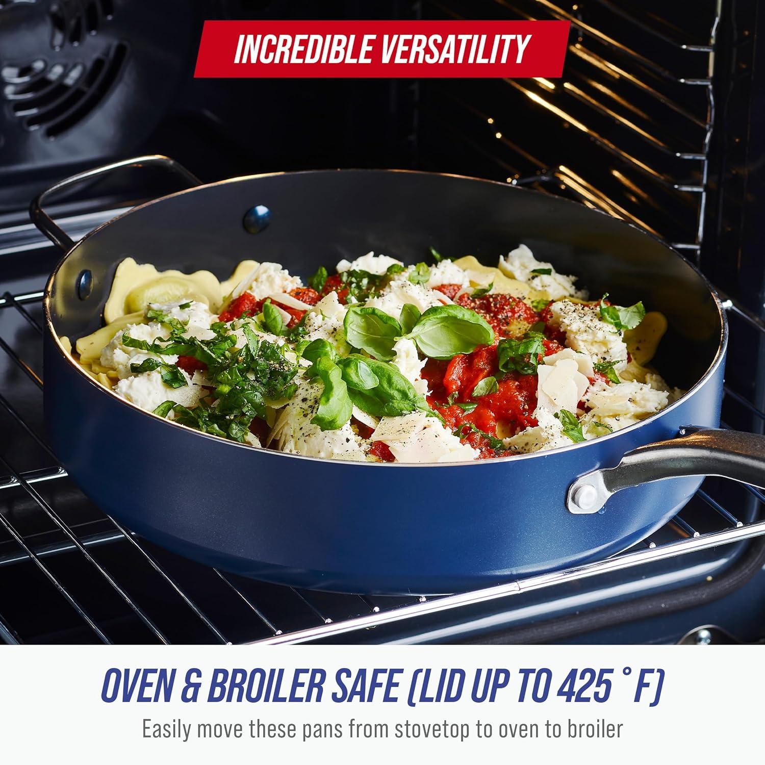 imageBlue Diamond 5QT Saute Pan with Lid Non Toxic PFASFree Diamond Ceramic Nonstick Dishwasher amp Oven Safe Metal Utensil Safe Deep Jumbo Cooker Skillet with Helper Handle Glass Lid BlueBlue
