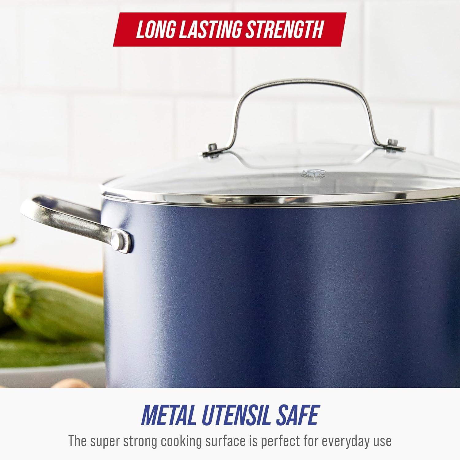 imageBlue Diamond 8QT Nonstick Stockpot with Glass Lid PFASFree Ceramic Multipurpose Cooking Sauces amp Soups Pasta Boiling amp Canning Pot Dishwasher amp Oven Safe Stainless Steel Handles Navy8QT Stockpot with Lid