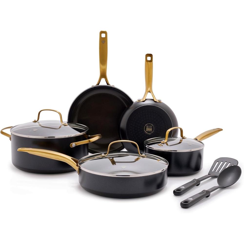 imageBlue Diamond 14 Piece Induction Nonstick Cookware Set Diamond Infused PFASFree Ceramic Nonstick Pots amp Pans Durable Metal Utensil Safe Dishwasher Safe Oven amp Broiler to 600F BlackGold10 Piece Cookware Set