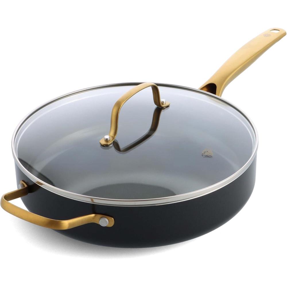 imageBlue Diamond 14 Piece Induction Nonstick Cookware Set Diamond Infused PFASFree Ceramic Nonstick Pots amp Pans Durable Metal Utensil Safe Dishwasher Safe Oven amp Broiler to 600F BlackGold4 QT Saute Pan with Lid