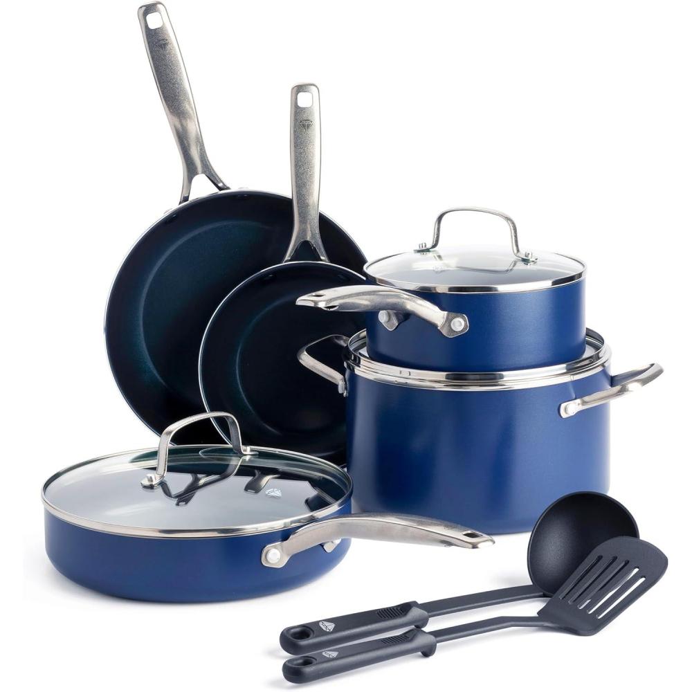 imageBlue Diamond 14 Piece Nonstick Cookware Set Diamond Ceramic Pots amp Pans Dishwasher amp Metal Utensil Safe Non Toxic PFASFree Kitchen Cooking Sauce amp Saute Pans Oven amp Broiler to 600F BlueBlue