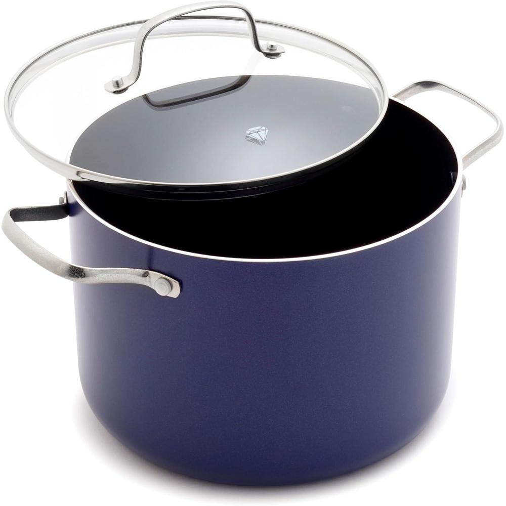 imageBlue Diamond 8QT Nonstick Stockpot with Glass Lid PFASFree Ceramic Multipurpose Cooking Sauces amp Soups Pasta Boiling amp Canning Pot Dishwasher amp Oven Safe Stainless Steel Handles Navy8QT Stockpot with Lid