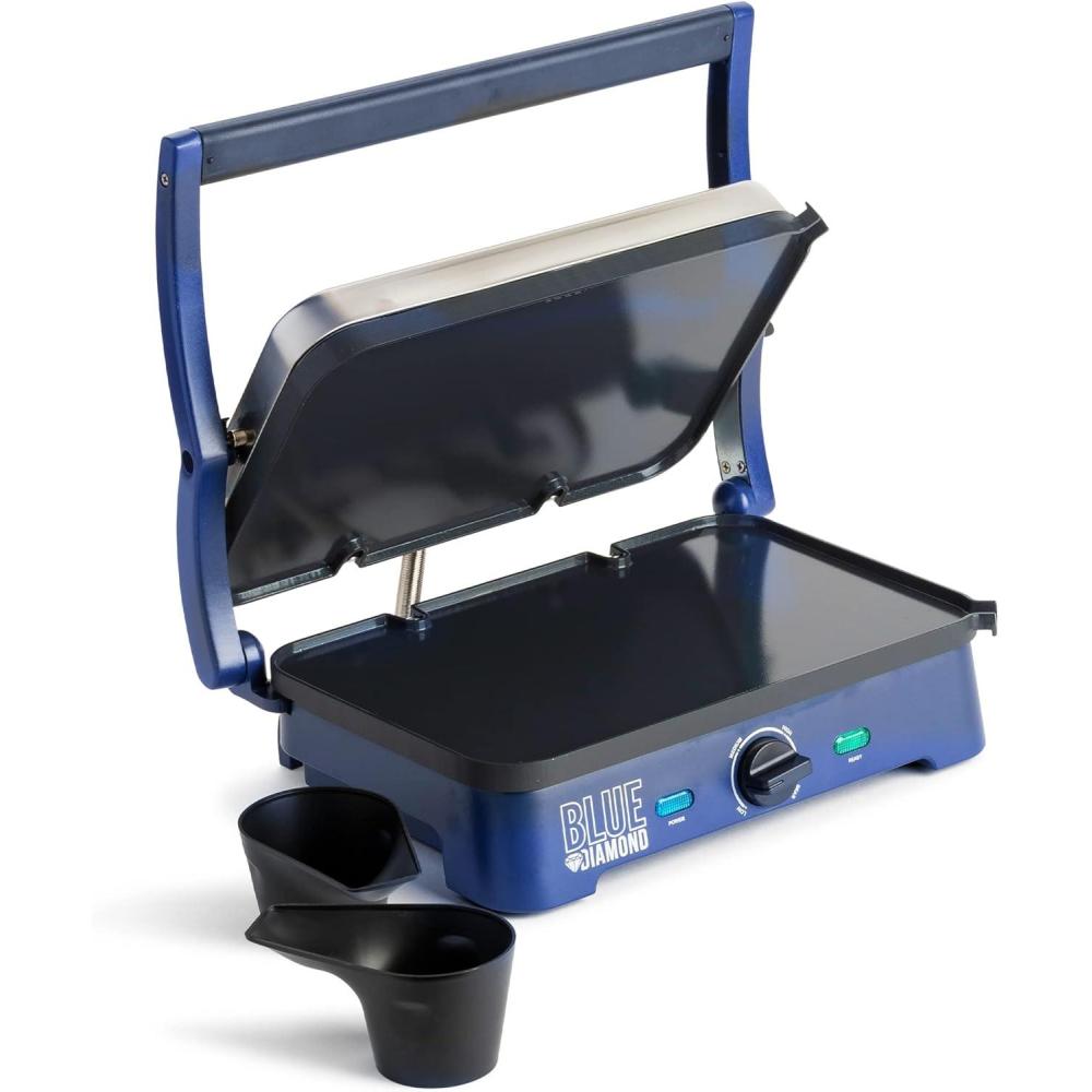 imageBlue Diamond Ceramic Nonstick Electric Contact Sizzle Griddle Open Flat Design Dishwasher Safe Removable Plates Adjustable Temperature Control PFASFree BlueContact Griddle without Grill and Waffle Plates
