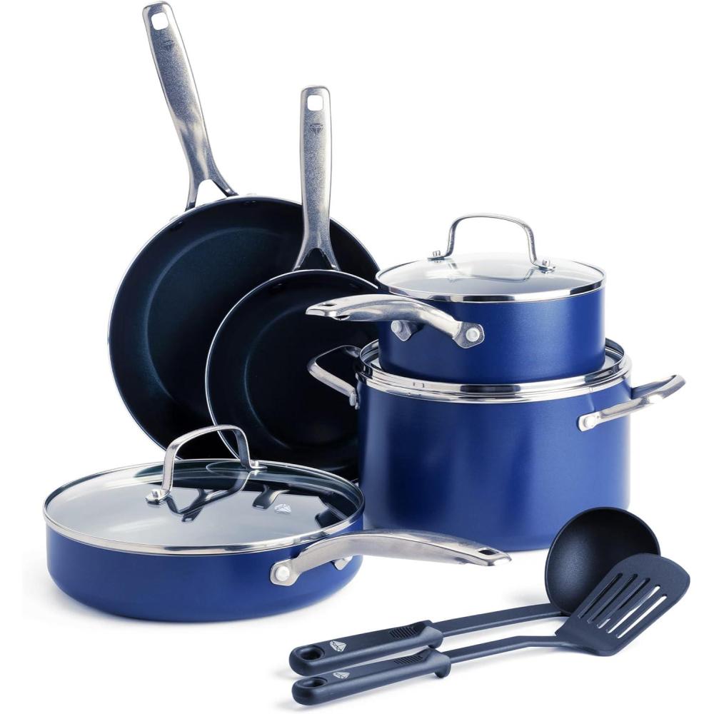 imageBlue Diamond Cookware Diamond Infused Ceramic Nonstick 10Piece Cookware Pots and Pans Set PFASFreeOven Safe BlueCookware Set