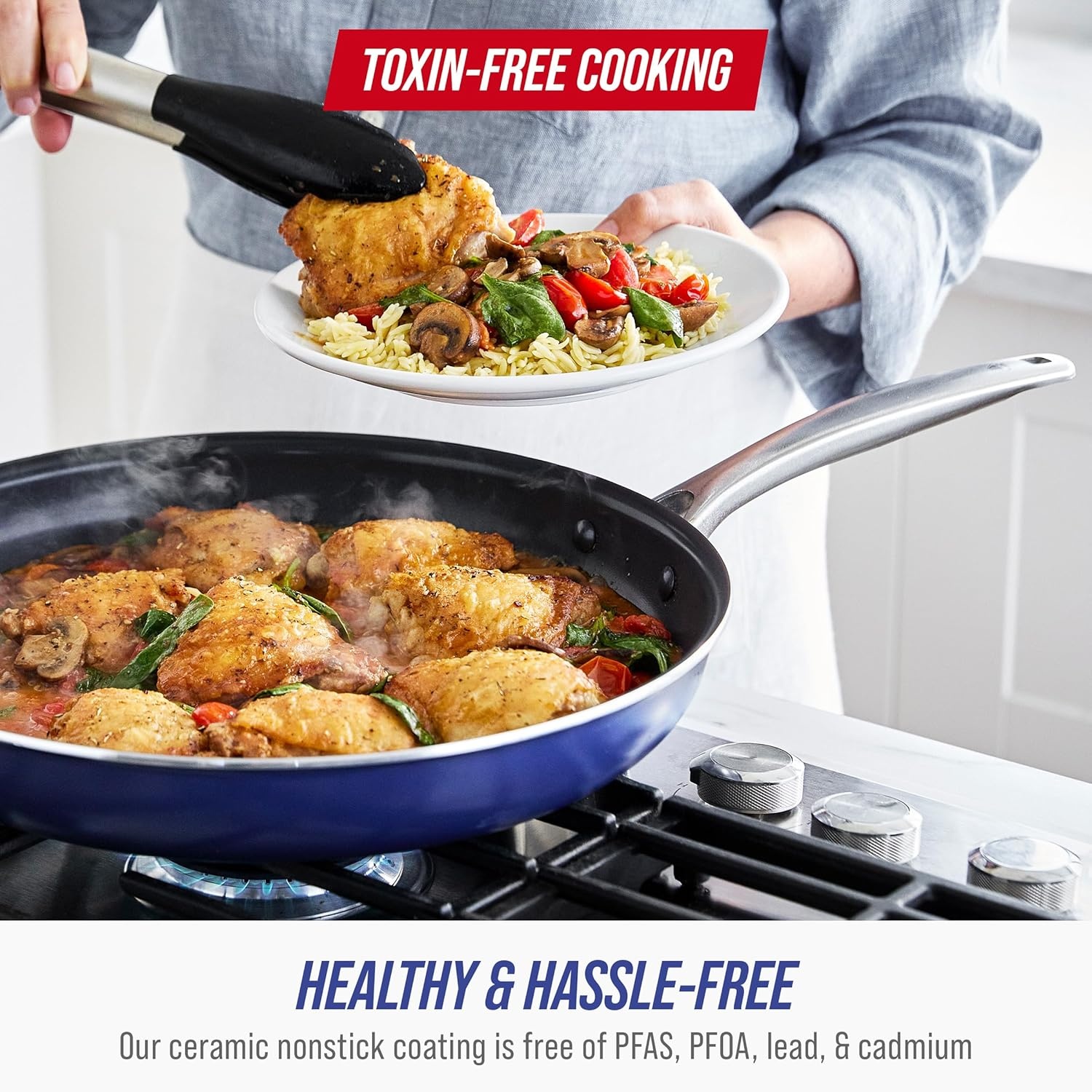 imageBlue Diamond 12 Piece Nonstick Cookware Set Diamond Ceramic Pots amp Pans Dishwasher amp Metal Utensil Safe Non Toxic PFASFree Kitchen Cooking Sauce amp Saute Pans Oven amp Broiler to 600F Blue