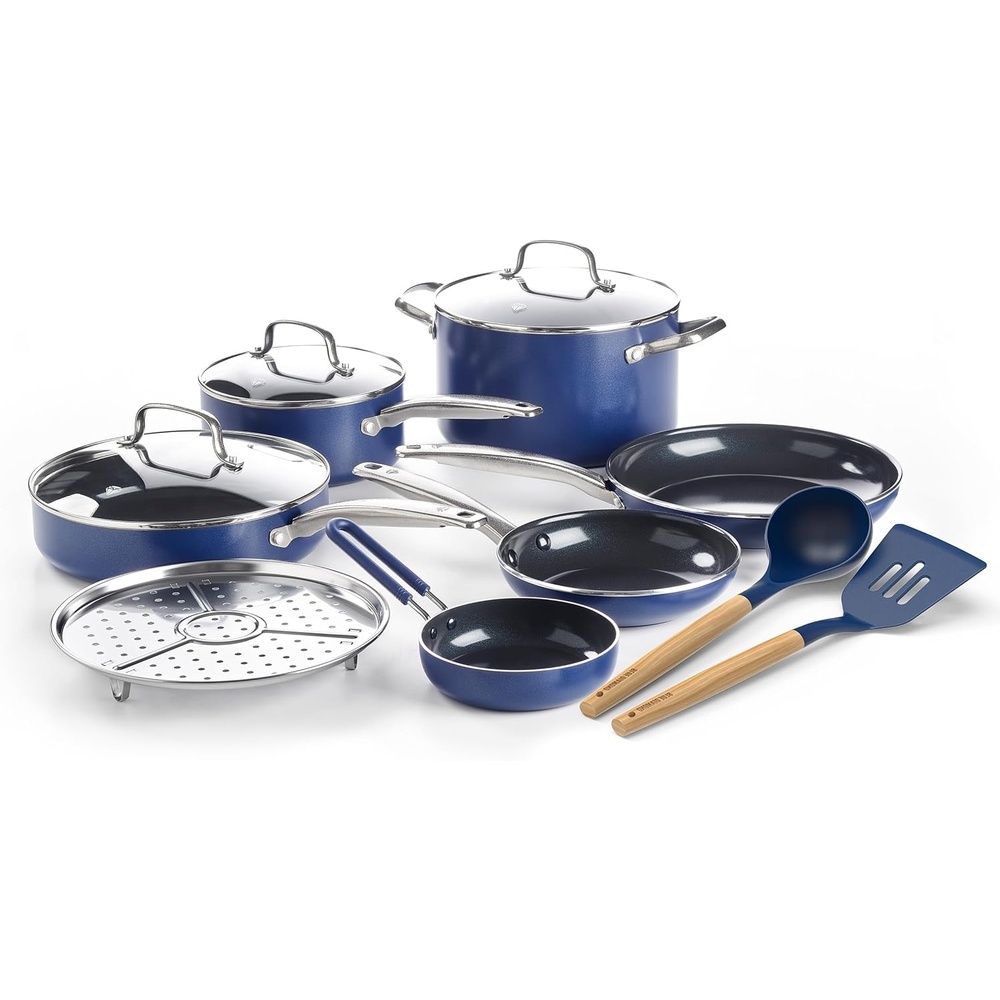 imageBlue Diamond 12 Piece Nonstick Cookware Set Diamond Ceramic Pots amp Pans Dishwasher amp Metal Utensil Safe Non Toxic PFASFree Kitchen Cooking Sauce amp Saute Pans Oven amp Broiler to 600F Blue